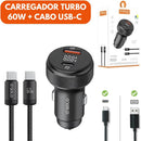 Carregador Veicular Turbo 60W Para Automóvel Carregador de Carro Duas Entradas com Carregamento Super Rápido + Cabo USB-C Premium Compatível Com Dispositivos IOS e Android