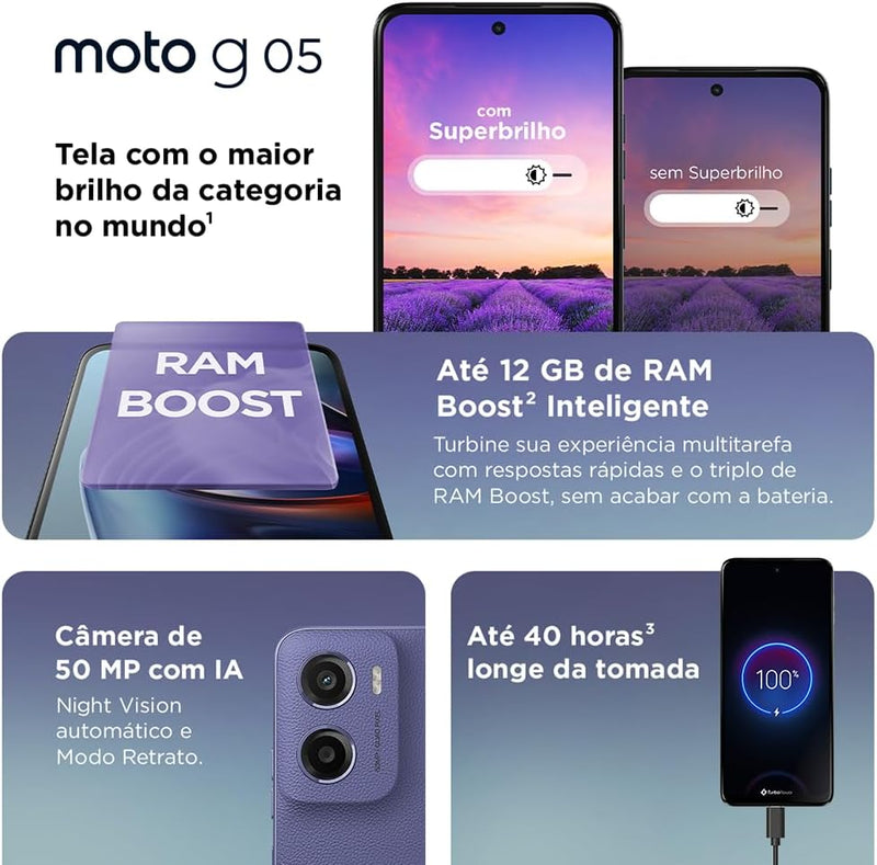 Smartphone Motorola Moto g05-128GB 12GB (4GB RAM + 8GB Ram Boost) e Camera 50MP com AI Bateria de 5200 mAh Tela 6.7" com Superbrilho - Cinza
