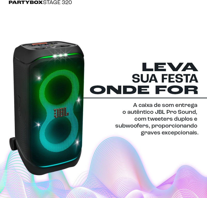 JBL, Caixa de Som, PartyBox Stage 320, Bluetooth, Portátil, Show de Luzes, À Prova de Respingos - 240W RMS