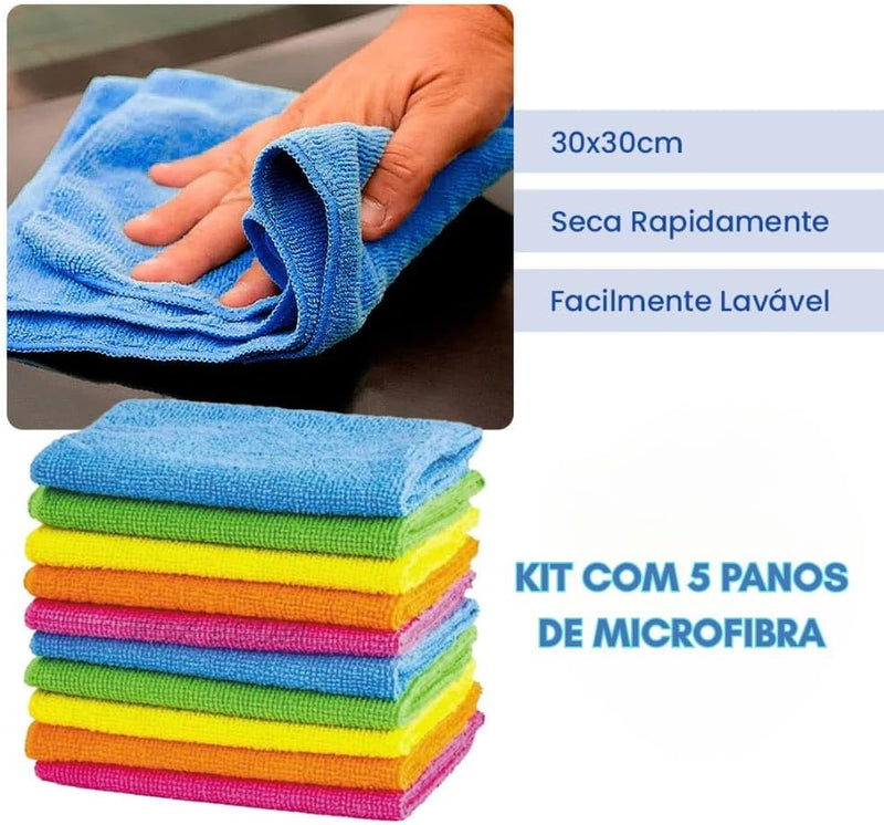 Pano de Microfibra Kit Com 5 unidades, Não Solta Fiapos e Pelinhos, Não Risca, Perfeito Para Lavagem de Carros, Multiuso, Lavável, Reutilizável, Limpeza, Automotivo, Vidro, Doméstica, Limpa Espelho