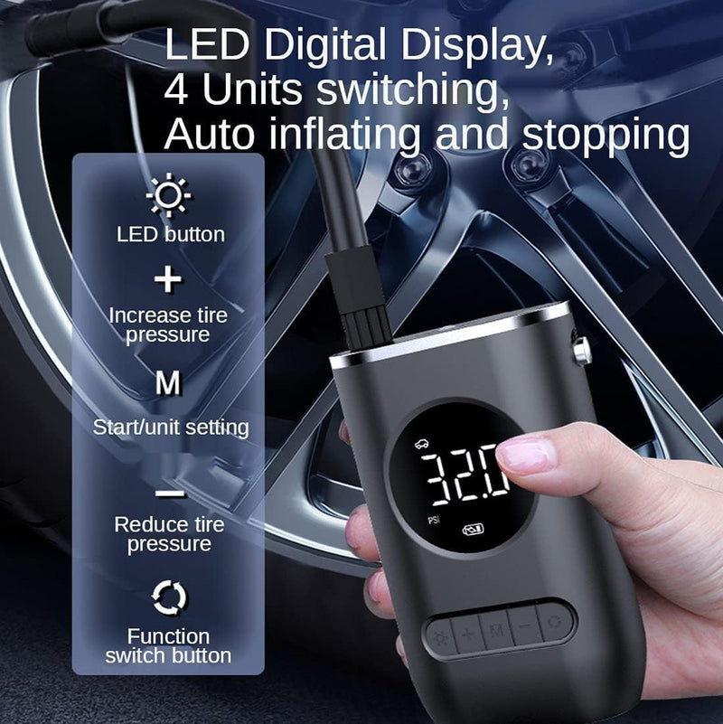 Compressor de ar portátil com inflador de pneu mini com bateria recarregável de 4000 mAh, bomba de pneu sem fio 150 PSI, luz de emergência LED, bomba de ar calibre de pressão para carro bicicleta motocicleta bola inflável