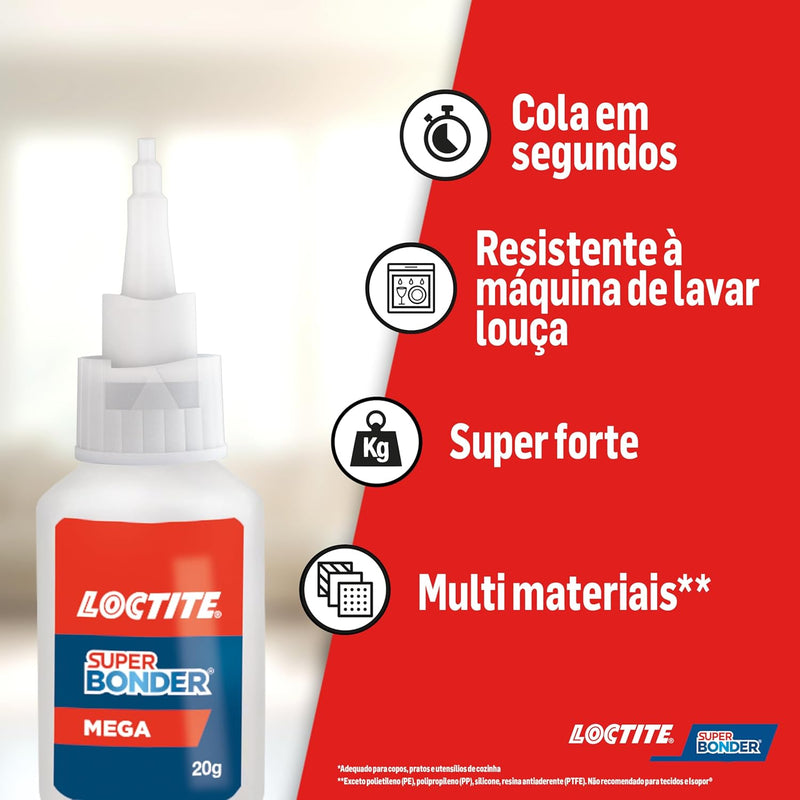 Loctite Super Bonder Mega, Adesivo instantâneo para reparos, Cola transparente para materiais diversos com acabamento profissional, 1x20g