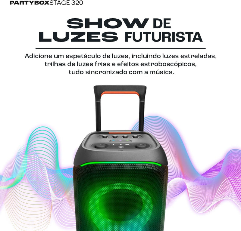 JBL, Caixa de Som, PartyBox Stage 320, Bluetooth, Portátil, Show de Luzes, À Prova de Respingos - 240W RMS