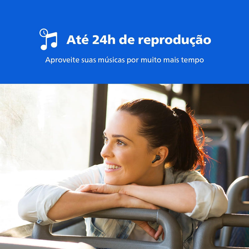PHILIPS, Fone de Ouvido Sem Fio TWS, TAT1109BK/00, Bluetooth, Com Microfone, Até 24 horas de bateria, Preto