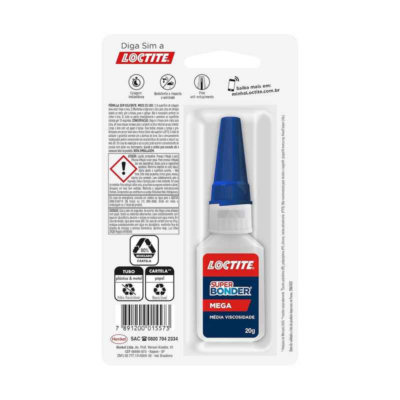 Loctite Super Bonder Mega, Adesivo instantâneo para reparos, Cola transparente para materiais diversos com acabamento profissional, 1x20g